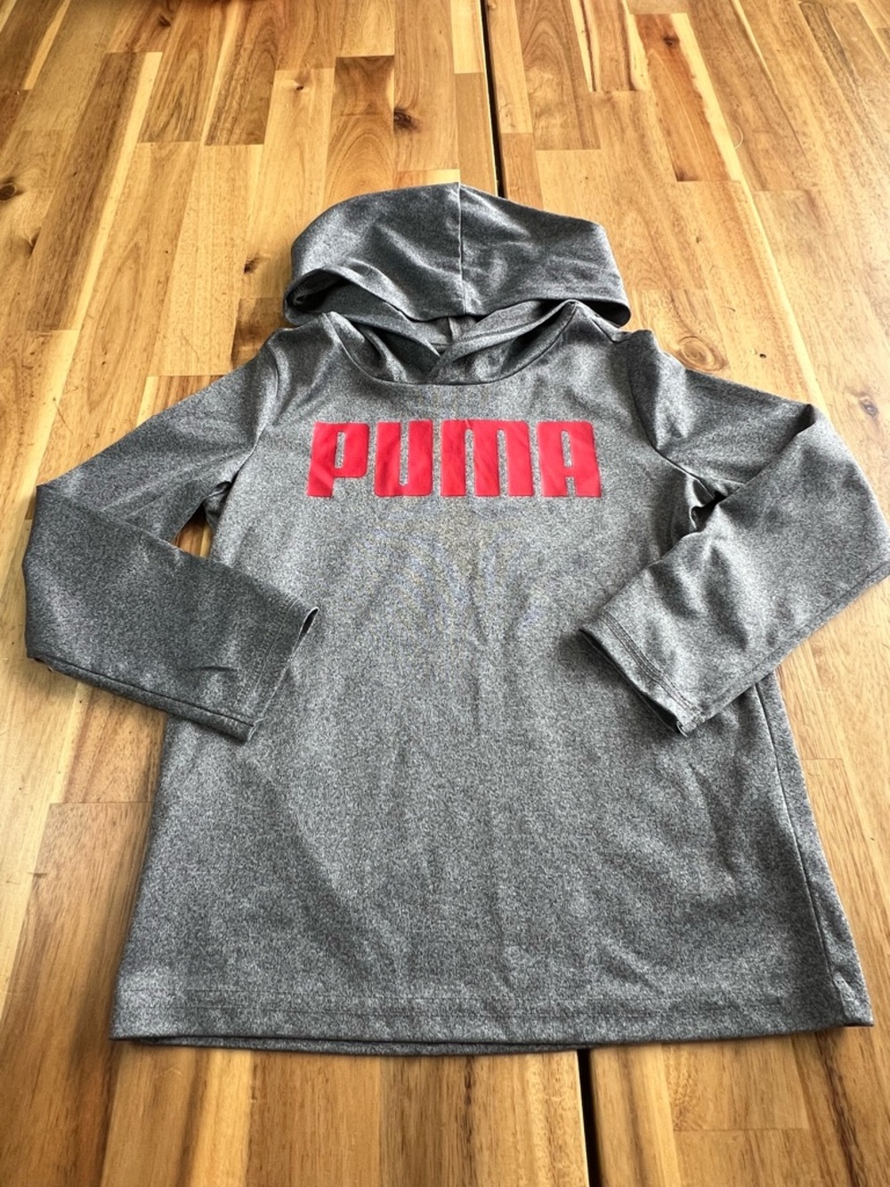 Puma Youth Hooded Performance Shirt Gray Red Logo Size XXS 3/4
